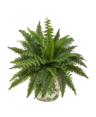 Nearly Natural 15" Boston Fern Artificial Plant with Tuscan Ceramic Scroll Planter