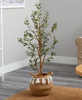 Nearly Natural 42" Artificial Olive Tree with Handmade Jute Cotton Basket with Tassels