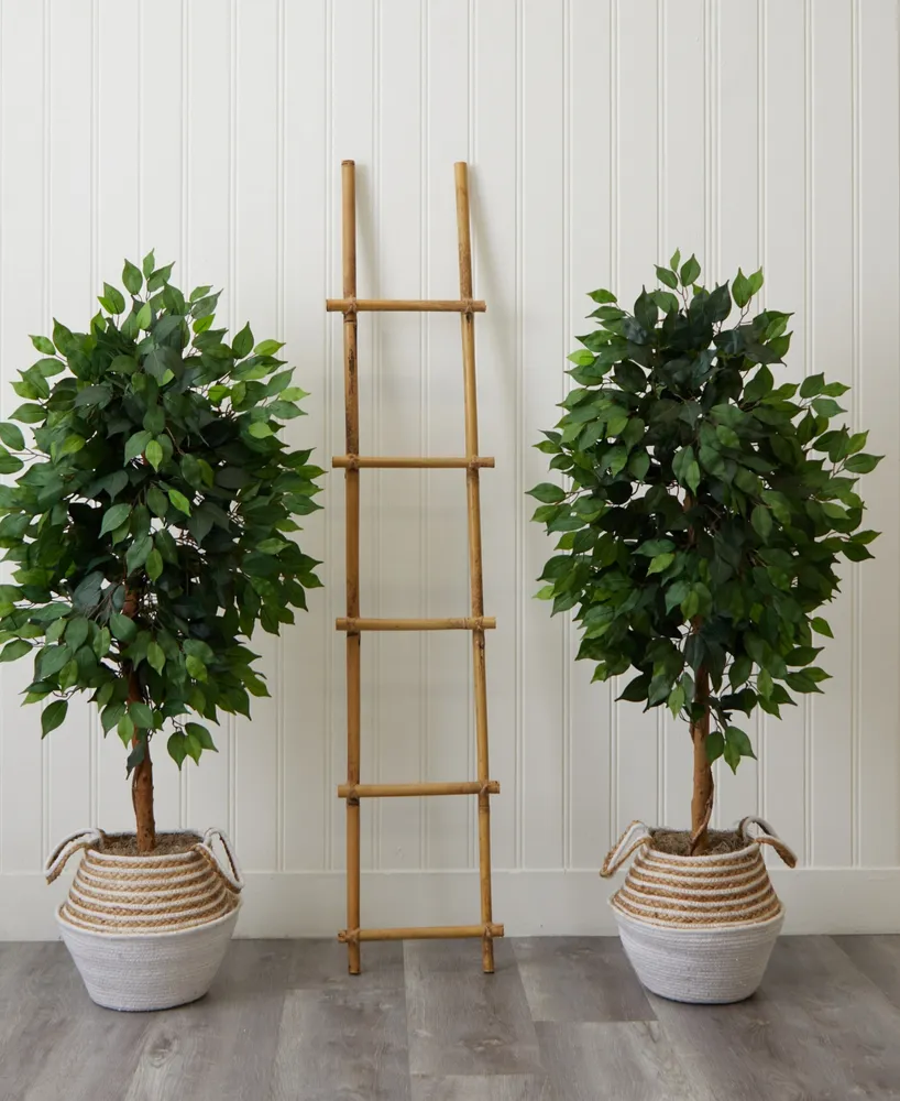 Nearly Natural 54" Artificial Ficus Tree with Double Trunk in Handmade Cotton Jute Basket Diy kit Set of 2