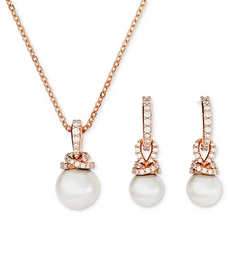 Swarovski Rose Gold-Tone Pave & Imitation Pearl Pendant Necklace & Charm-Accent Hoop Earrings Set