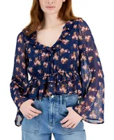 Self Esteem Juniors' Floral-Print Ruffled Bell-Sleeve Top