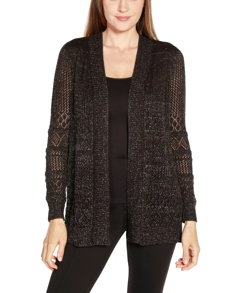 Belldini Women's Lurex Pointelle Open-Front Cardigan Sweater