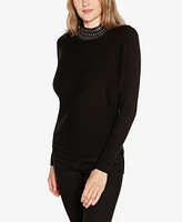 Belldini Women's Embellished Neck Ribbed Dolman Sweater