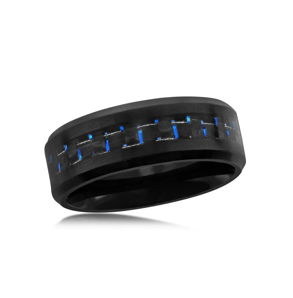 Metallo Stainless Steel Black and Blue Carbon Fiber Ring