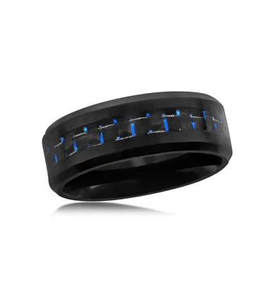 Metallo Stainless Steel Black and Blue Carbon Fiber Ring