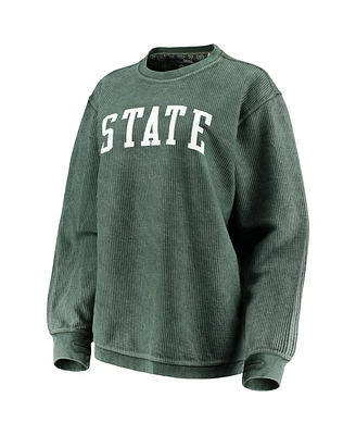 Women's Pressbox Green Distressed Michigan State Spartans Comfy Cord Vintage-Like Wash Basic Arch Pullover Sweatshirt