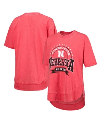Women's Pressbox Scarlet Distressed Nebraska Huskers Vintage-Like Wash Poncho Captain T-shirt