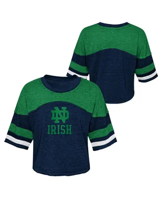 Big Girls Navy Distressed Notre Dame Fighting Irish Sunday Friday Sleeve Stripe Jersey T-shirt