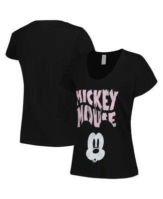Women's Mad Engine Black Distressed Mickey Mouse Face Scoop Neck T-shirt