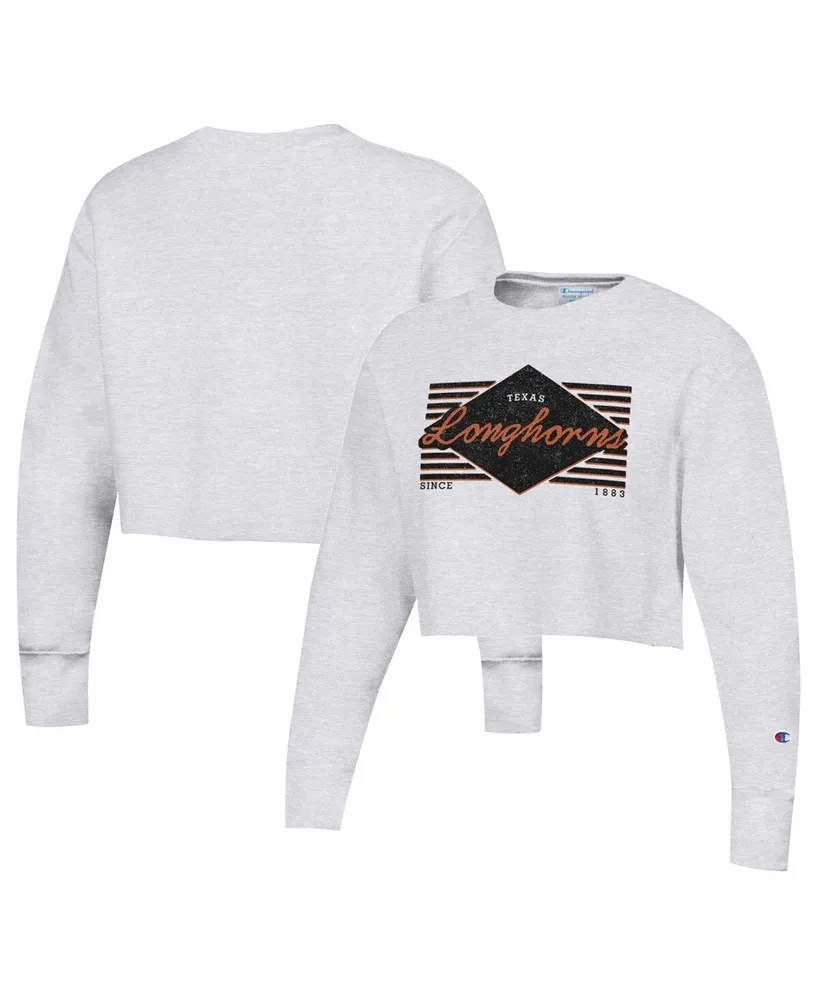 Women's Champion Heather Gray Distressed Texas Longhorns Reverse Weave Cropped Pullover Sweatshirt