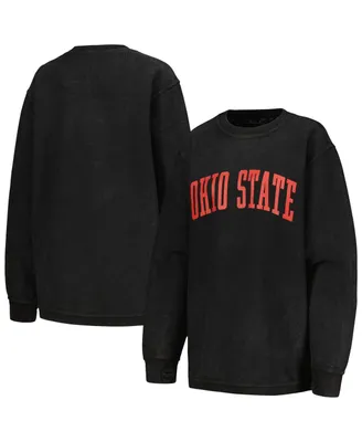 Women's Pressbox Black Distressed Ohio State Buckeyes Comfy Corded Vintage-Like Wash Basic Arch Pullover Sweatshirt