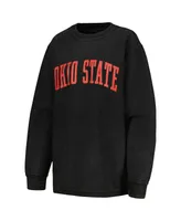 Women's Pressbox Black Distressed Ohio State Buckeyes Comfy Corded Vintage-Like Wash Basic Arch Pullover Sweatshirt