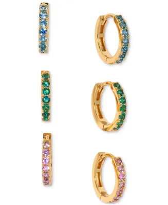 Girls Crew 18k Gold-Plated 3-Pc. Set Small Multicolor Pave Hoop Earrings, 0.5"