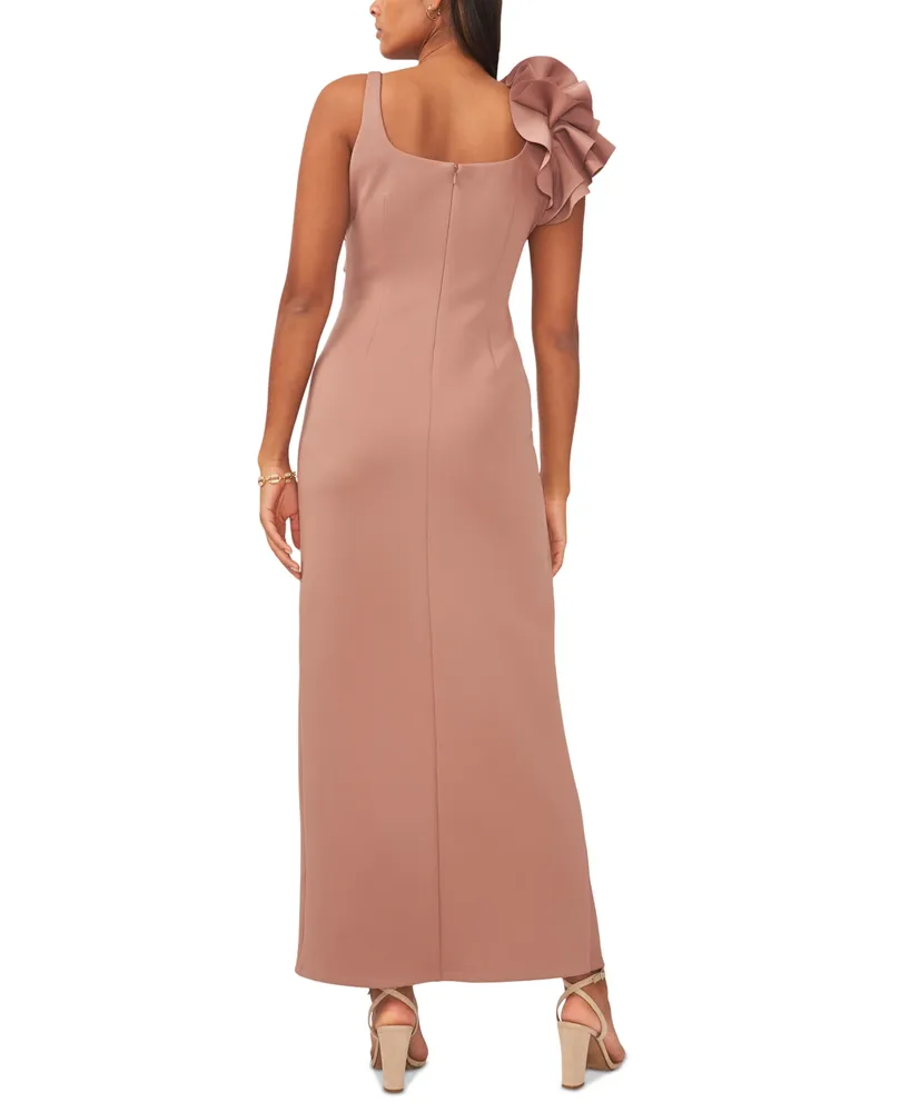 Msk Petite Rosette-Shoulder Side-Pleated High-Slit Gown