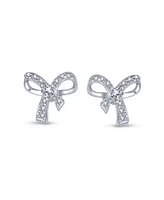 Bling Jewelry Delicate Dainty Ribbon Birthday Present Pave Cz Small Bow Stud Earrings For Women Sterling Silver