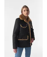 Furniq Uk Women's Sheepskin Western Trucker Coat, Washed Brown with Ginger Wool