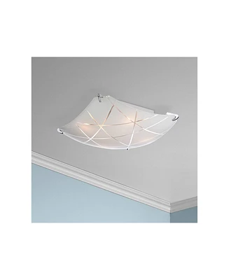 Possini Euro Design Lattice Modern Close To Ceiling Light Flush Mount Fixture 16.50" Wide Chrome Etched Lattice Square Frosted Glass Bowl Shade for Be