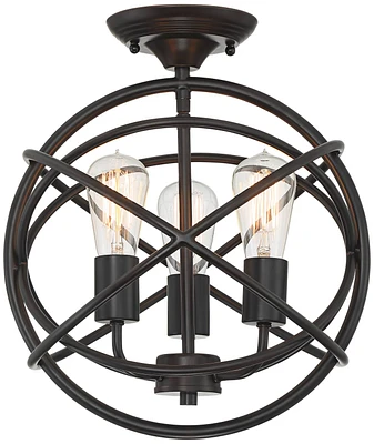 Franklin Iron Works Ellery Industrial Rustic Farmhouse Ceiling Light Semi Flush-Mount Fixture 14" Wide Bronze 3-Light Openwork Cage Sphere Shade for B