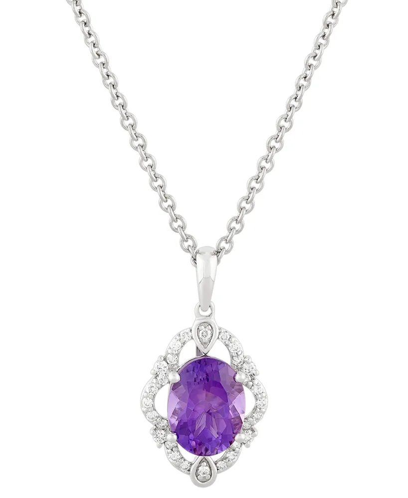 Amethyst (1-5/8 ct. t.w.) & Diamond (1/6 ct. t.w.) Halo Pendant Necklace in 14k White Gold, 18" + 2" extender