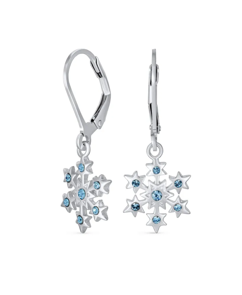 Delicate Holiday Party Christmas Snowflake Star Drop Lever back Earrings For Women For Teen Simulated Ice Blue Topaz .925 Sterling Silver