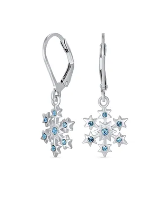 Delicate Holiday Party Christmas Snowflake Star Drop Lever back Earrings For Women For Teen Simulated Ice Blue Topaz .925 Sterling Silver
