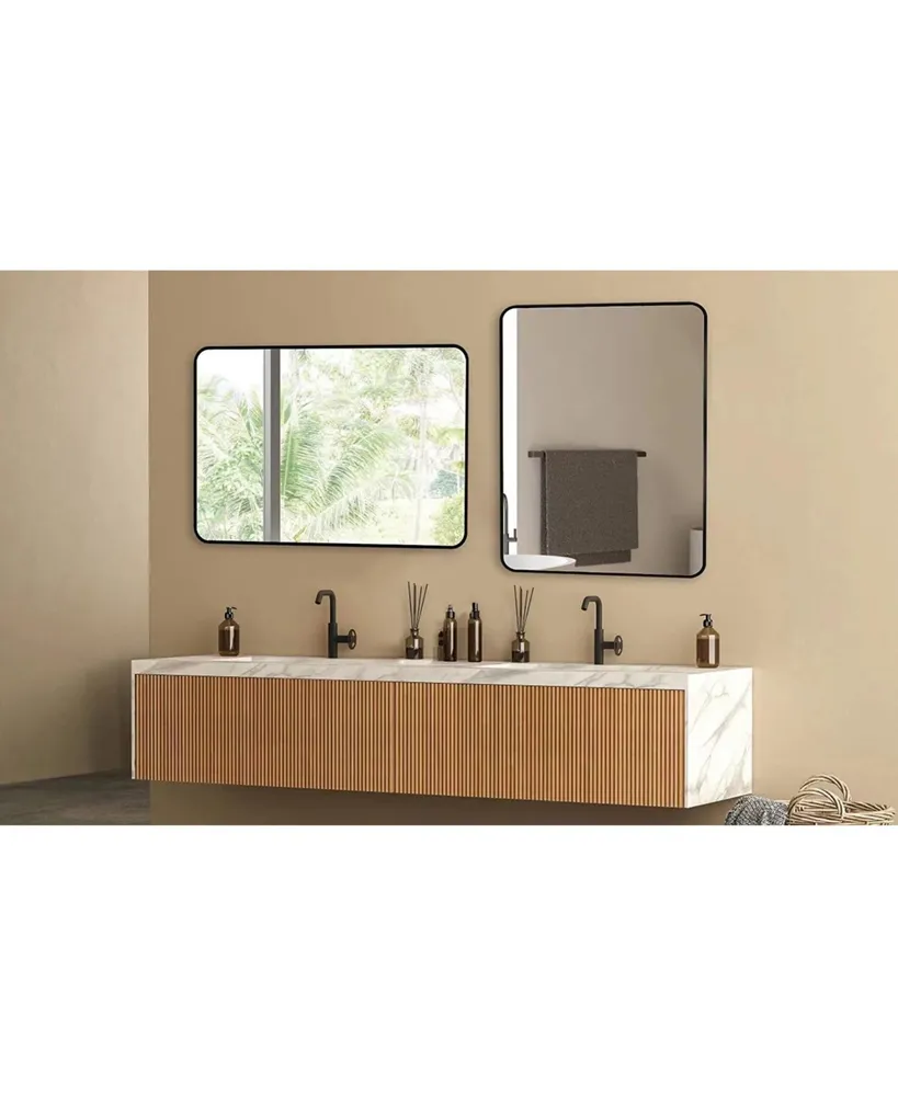 Simplie Fun Wall Mount Mirror For Bathroom, Brush Metal Framed Rounded Corner Rectangular Vanity