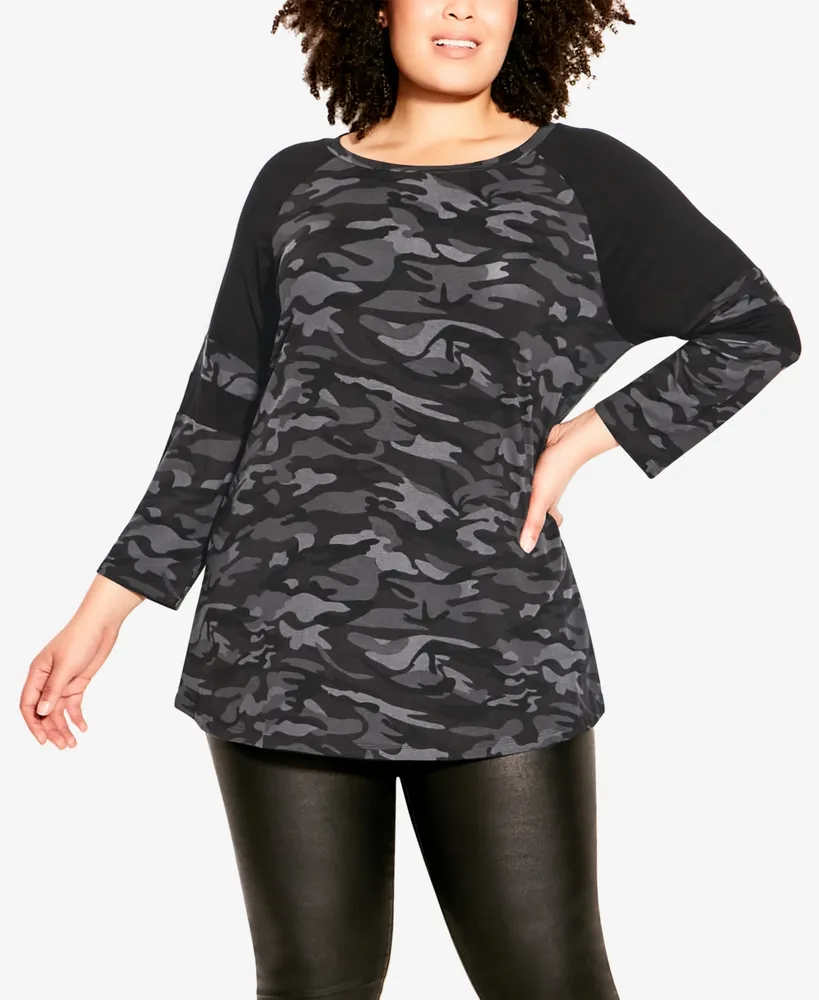 Avenue Plus Size Splice Sleeve Print Long Sleeve Top