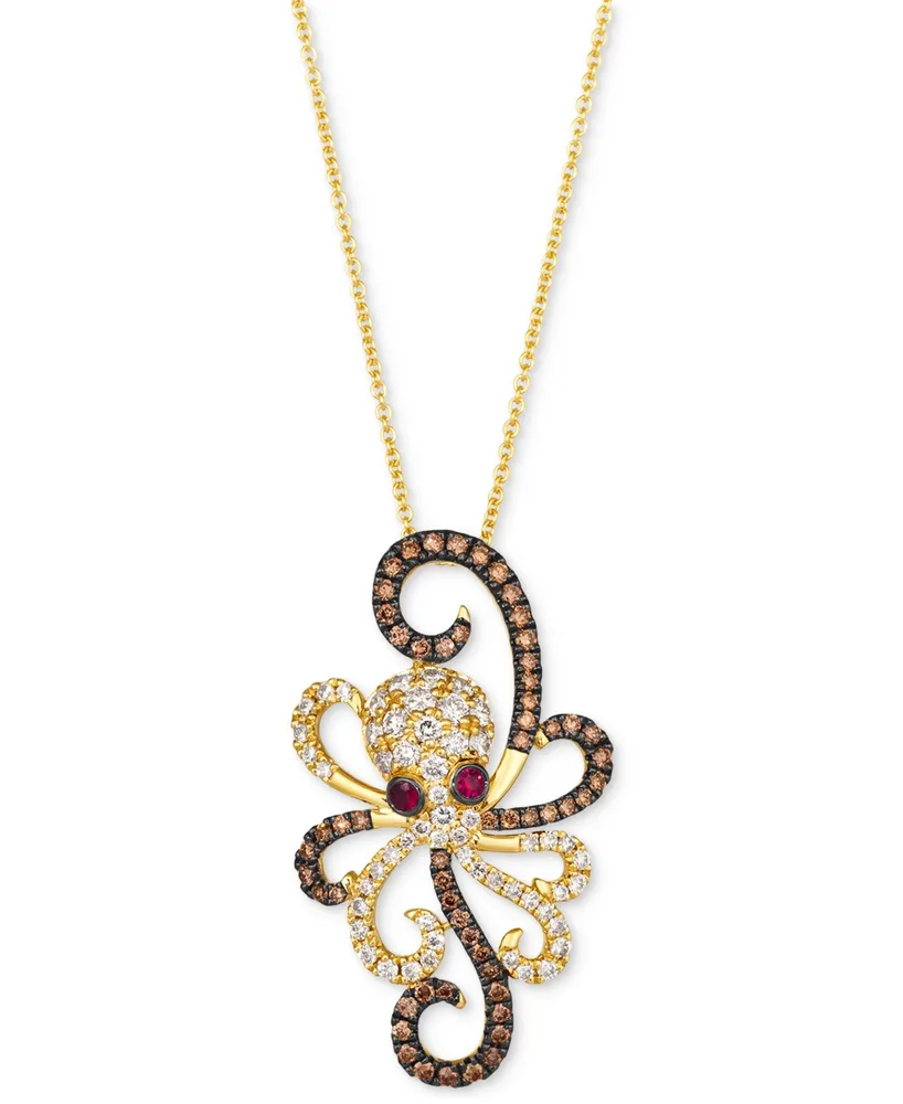 Le Vian Chocolate Diamond & Nude Diamond (7/8 ct. t.w.) & Passion Ruby (1/20 ct .t.w.) Octopus 20" Adjustable Pendant Necklace in 14k Gold