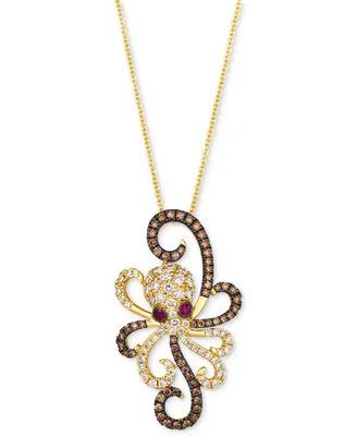Le Vian Chocolate Diamond & Nude Diamond (7/8 ct. t.w.) & Passion Ruby (1/20 ct .t.w.) Octopus 20" Adjustable Pendant Necklace in 14k Gold