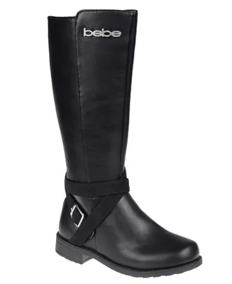 bebe Little Girls Tall Fashion Boots with Shimmer Micro Straps, Plate and Buckle