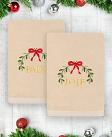 Linum Home Christmas Mistletoe Paix Joie Embroidered Luxury 100% Turkish Cotton Hand Towels, 2 Piece Set