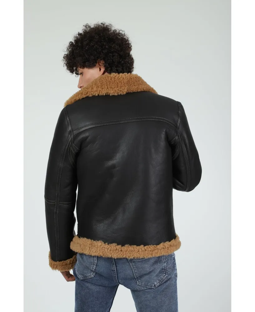 Men's Shearling Flying Jacket, Silky Brown with Ginger Curly Wool