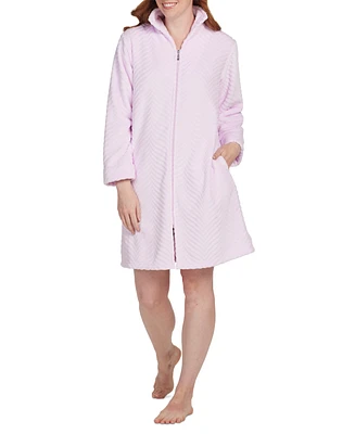 Miss Elaine Women's Solid Long-Sleeve Short Zip Fleece Robe