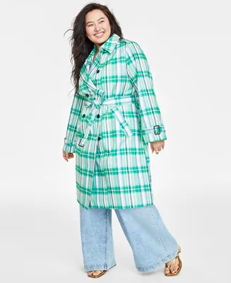 On 34th Plus Plaid Double-Breasted Trench Coat, Created for Macy's