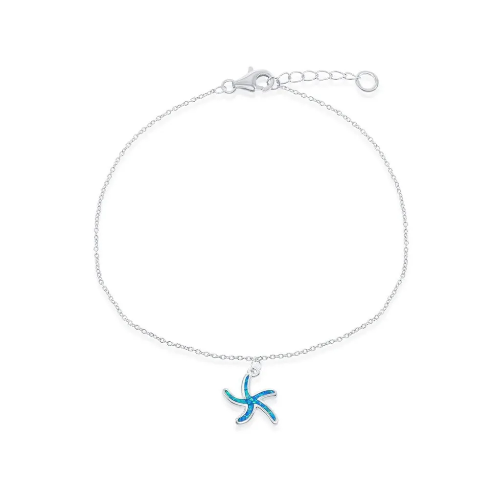 Caribbean Treasures Sterling Silver Synthetic Blue Inlay Opal Starfish Anklet