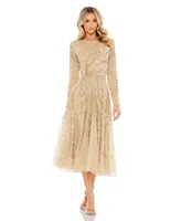 Women's Embellished Illusion High Neck Long Sleeve Dress