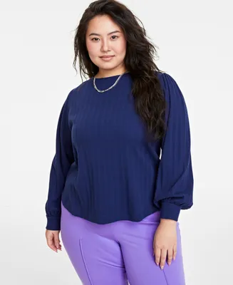 On 34th Plus Size Pointelle-Rib Long-Sleeve Top, Created for Macy's