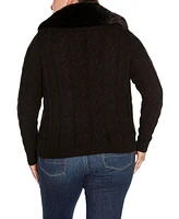 Belldini Black Label Plus Faux Fur Collared Cable Cardigan Sweater