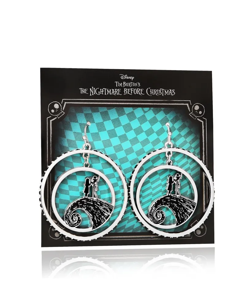 Disney Womens The Nightmare Before Christmas Jack and Sally Double Circle Drop Hoop Earrings with Black Crystals