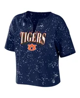 Women's Wear by Erin Andrews Navy Auburn Tigers Bleach Wash Splatter Cropped Notch Neck T-shirt