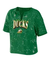 Women's Wear by Erin Andrews Green Oregon Ducks Bleach Wash Splatter Cropped Notch Neck T-shirt