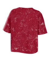 Women's Wear by Erin Andrews Crimson Oklahoma Sooners Bleach Wash Splatter Cropped Notch Neck T-shirt