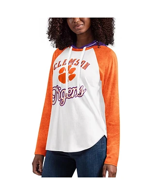 Women's G-iii 4Her by Carl Banks White, Orange Clemson Tigers From the Sideline Raglan Long Sleeve Hoodie T-shirt