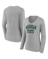 Women's Fanatics Heather Gray Michigan State Spartans Basic Arch Long Sleeve V-Neck T-shirt