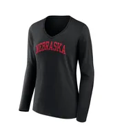 Women's Fanatics Black Nebraska Huskers Basic Arch Long Sleeve V-Neck T-shirt