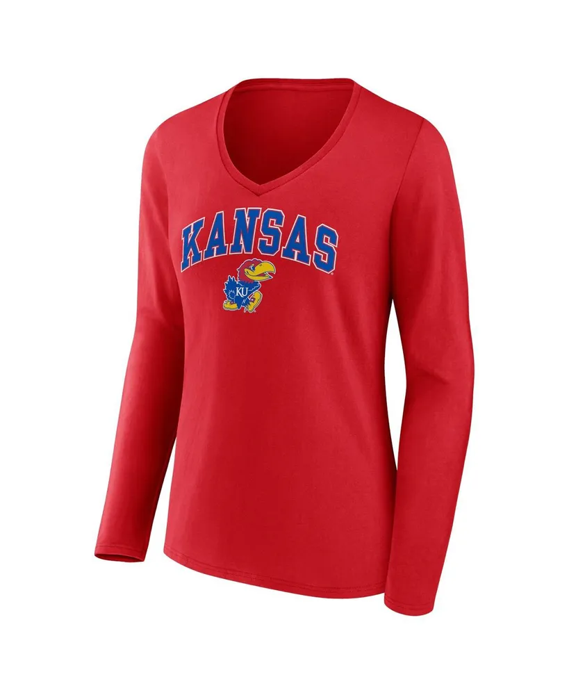 Women's Fanatics Red Kansas Jayhawks Evergreen Campus Long Sleeve V-Neck T-shirt