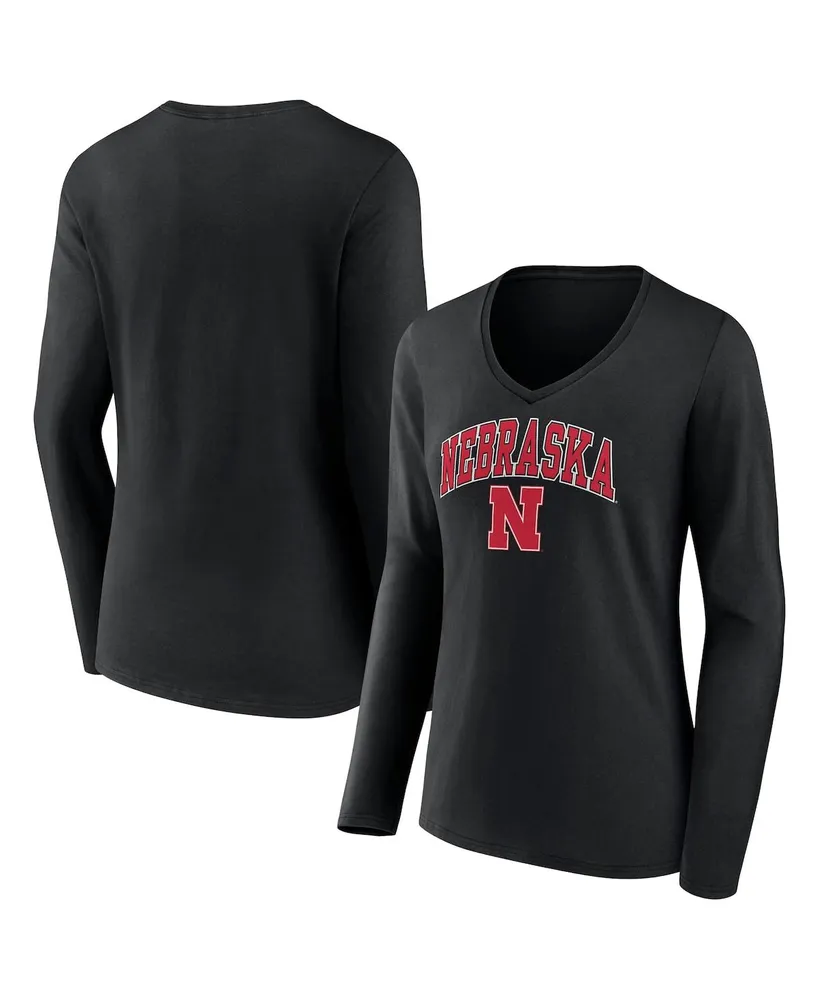 Women's Fanatics Black Nebraska Huskers Evergreen Campus Long Sleeve V-Neck T-shirt