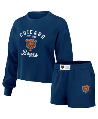 Women's Wear by Erin Andrews Navy Distressed Chicago Bears Waffle Knit Long Sleeve T-shirt and Shorts Lounge Set