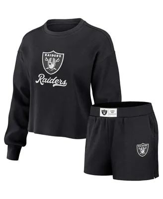Women's Wear by Erin Andrews Black Distressed Las Vegas Raiders Waffle Knit Long Sleeve T-shirt and Shorts Lounge Set