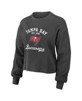 Women's Wear by Erin Andrews Pewter Distressed Tampa Bay Buccaneers Waffle Knit Long Sleeve T-shirt and Shorts Lounge Set